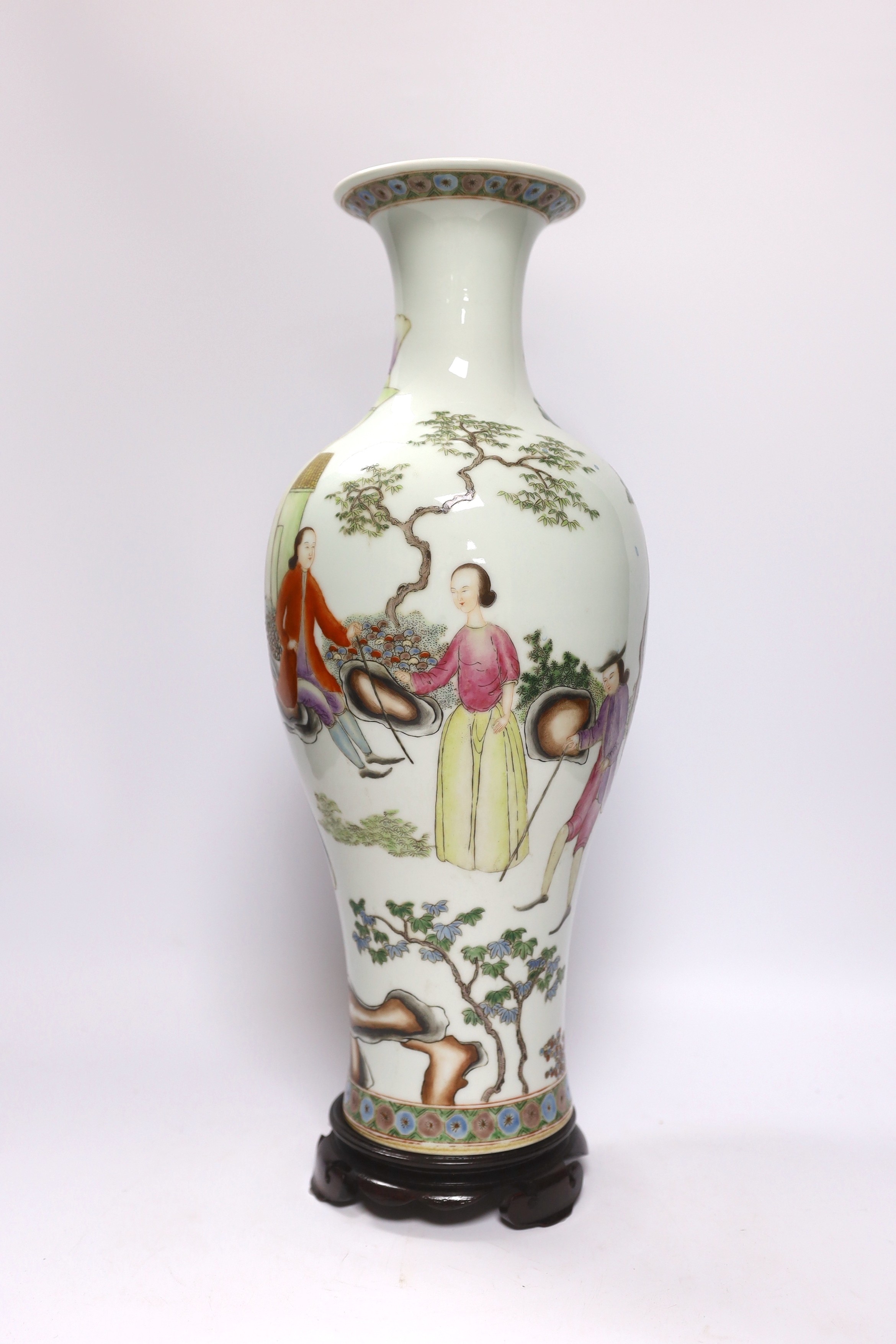 A Chinese European subject famille rose vase, with stand, 45cm high including stand